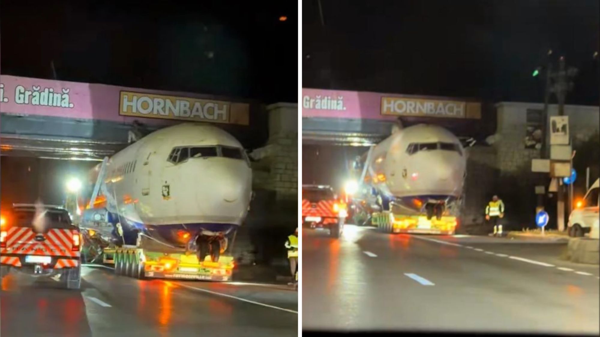 Passenger aircraft being moved to a playground gets stuck under DN1 bridge near Balotești