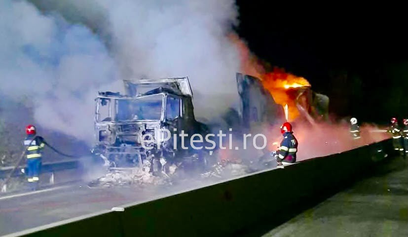 DN7, blocat după ce un TIR a fost cuprins în întregime de foc! Circulația a fost oprită între Pitești și Râmnicu Vâlcea