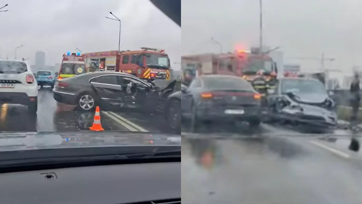 Impact violent între trei autoturisme și un autobuz STB pe Podul Pipera! Trei persoane au ajuns la spital