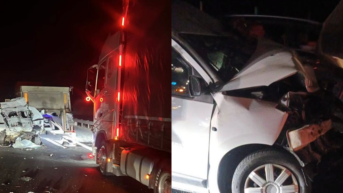 Impact violent între două TIR-uri, un microbuz și o mașină, pe A1! Bucăți din vehicule au ajuns pe șosea