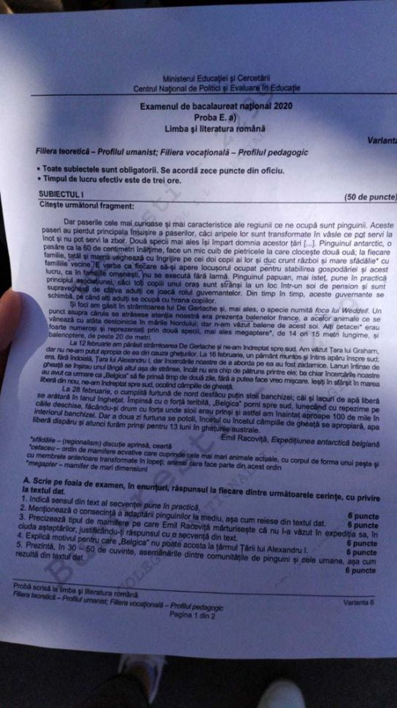 Sesiunea de toamnă, BAC 2020. Barem Limba română