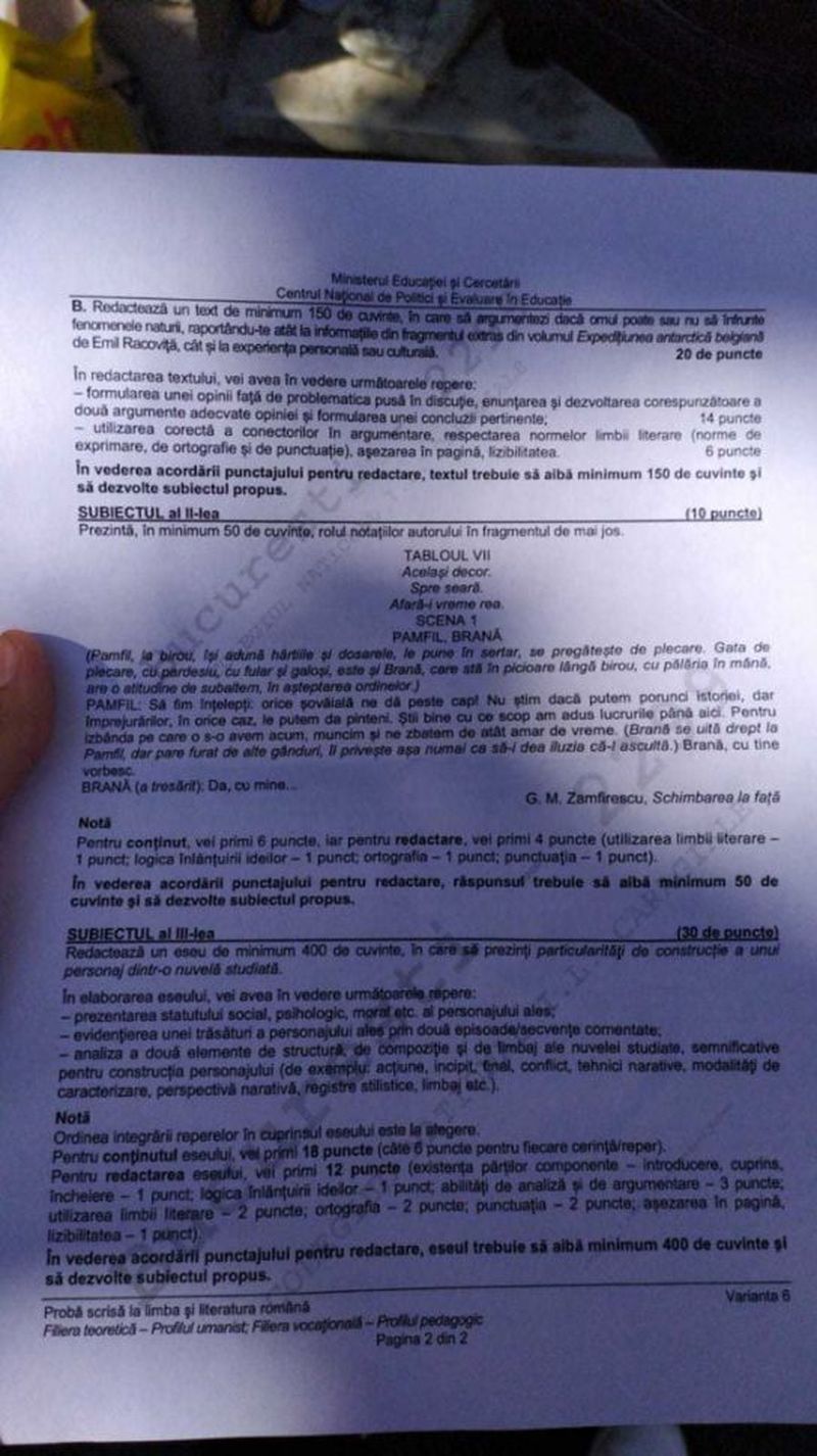 Sesiunea de toamnă, BAC 2020. Barem Limba română