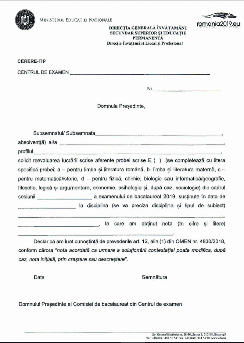 Contestaţii BAC 2020 toamnă - Model cerere format PDF