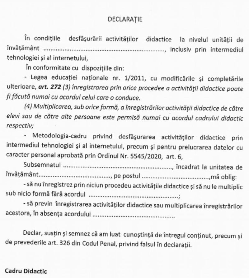 Declaraţia pe propria răspundere pe care trebuie să o completeze profesorii