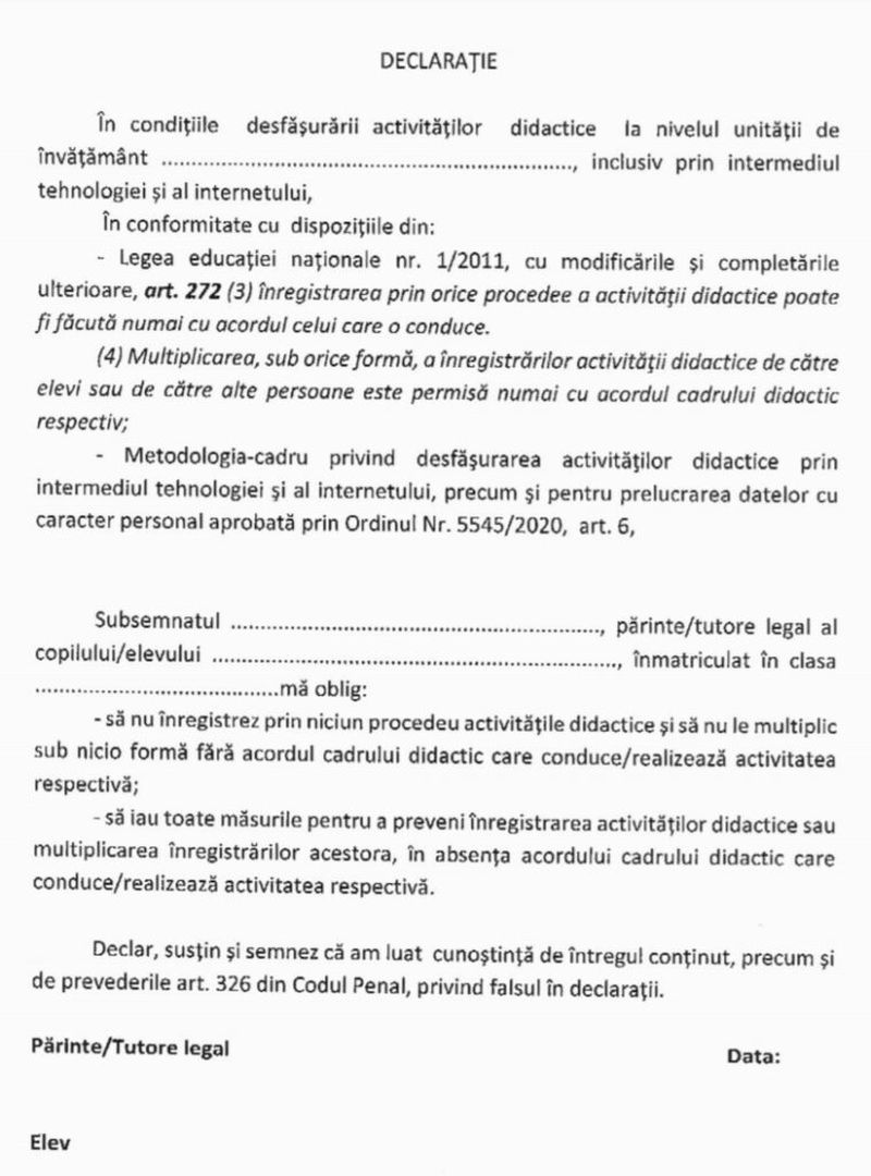 Declaraţia pe propria răspundere pe care trebuie să o completeze elevii şi părinţii