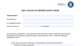 Model declaraţie pe propria răspundere pentru deplasarea în afara - format PDF şi JPG