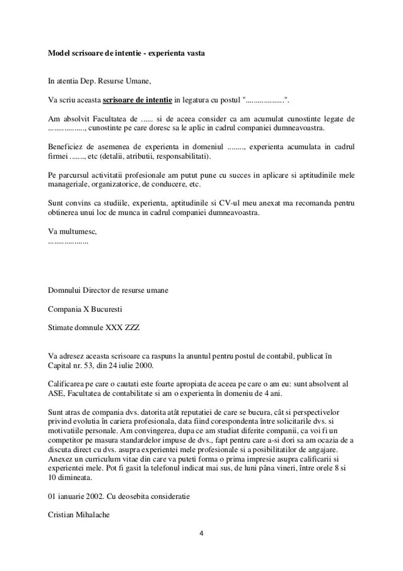 cum arată o scrisoare de intenție