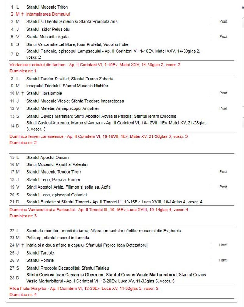 Calendar ortodox februarie 2021