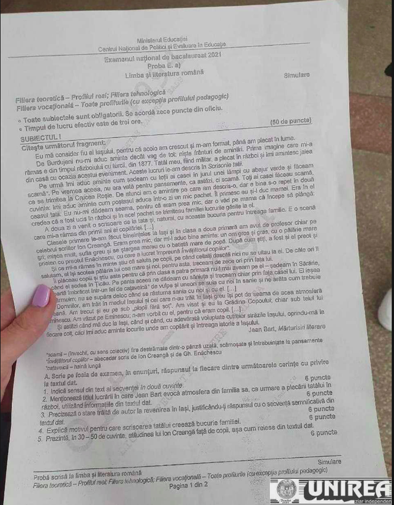 Subiecte simulare BAC 2021 Română pentru clasa a 11-a şi a 12-a
