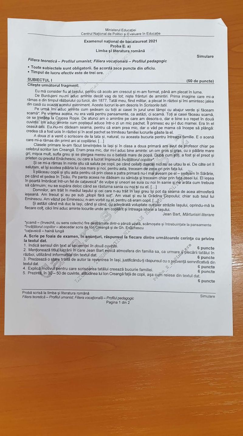 UPDATE: subiecte EDU.ro simulare BAC 2021 profil uman