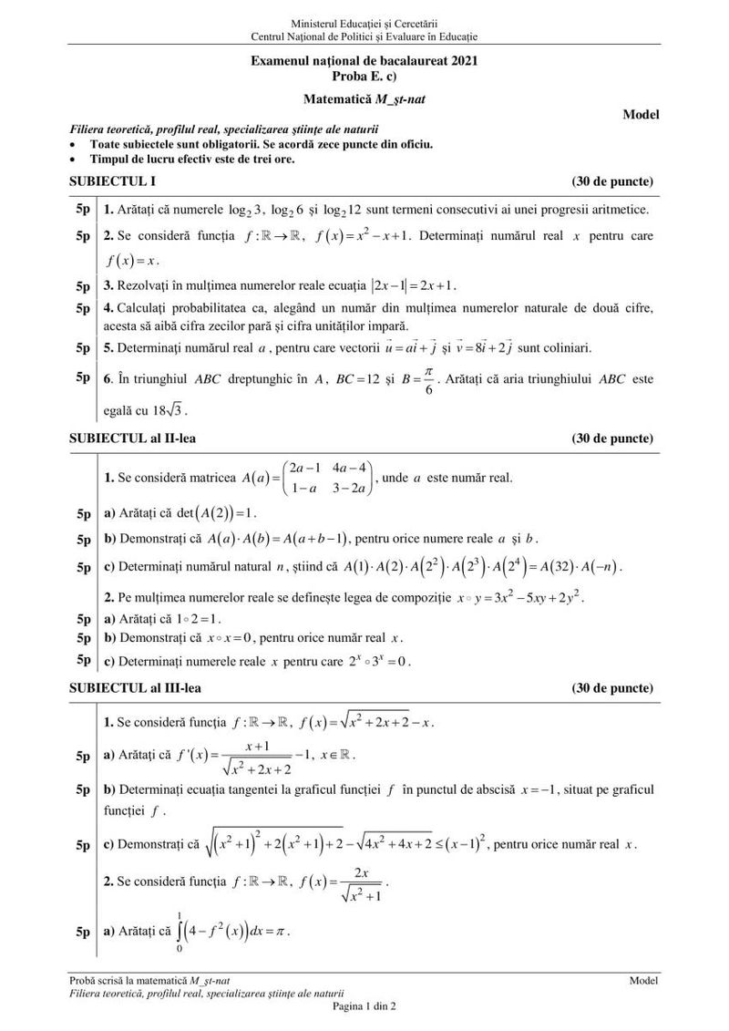 Subiecte simulare BAC 2021 Matematică