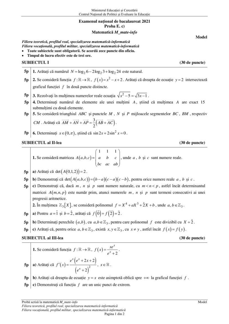 Subiecte simulare BAC 2021 Matematică