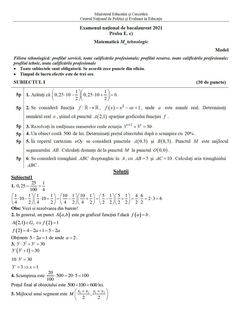 Subiecte simulare BAC 2021 Matematică