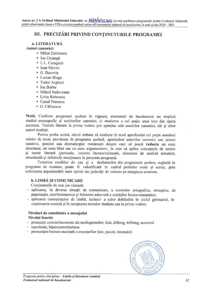 Programa pentru Bacalaureat 2021 la Limba și literatura română