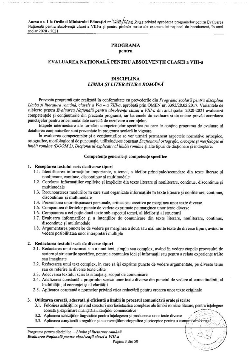 Programa pentru Evaluarea Națională 2021 la Limba și literatura română
