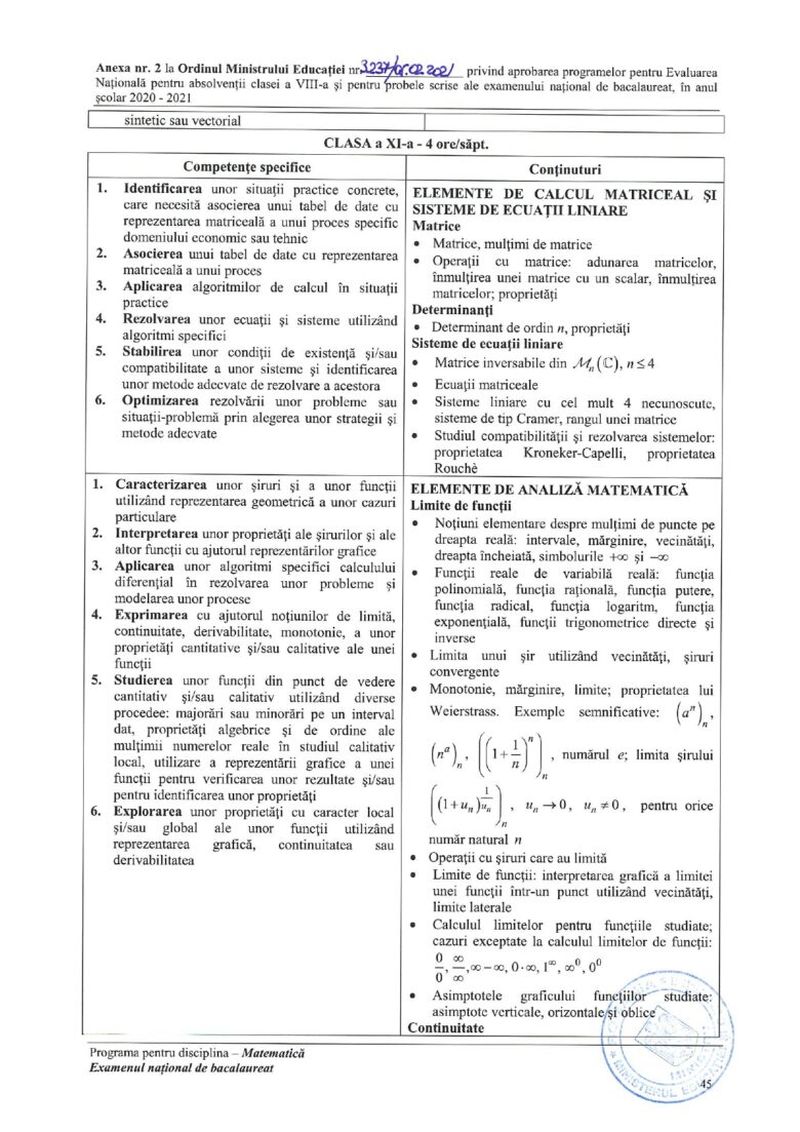 Programa pentru Bacalaureat 2021 la Matematică