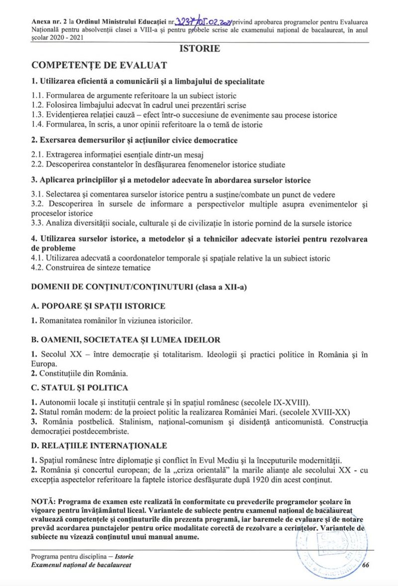 Programa pentru Bacalaureat 2021 la Istorie