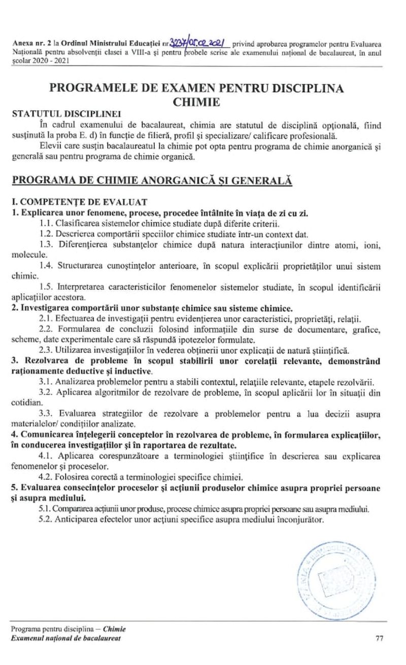 Programa pentru Bacalaureat 2021 la Chimie