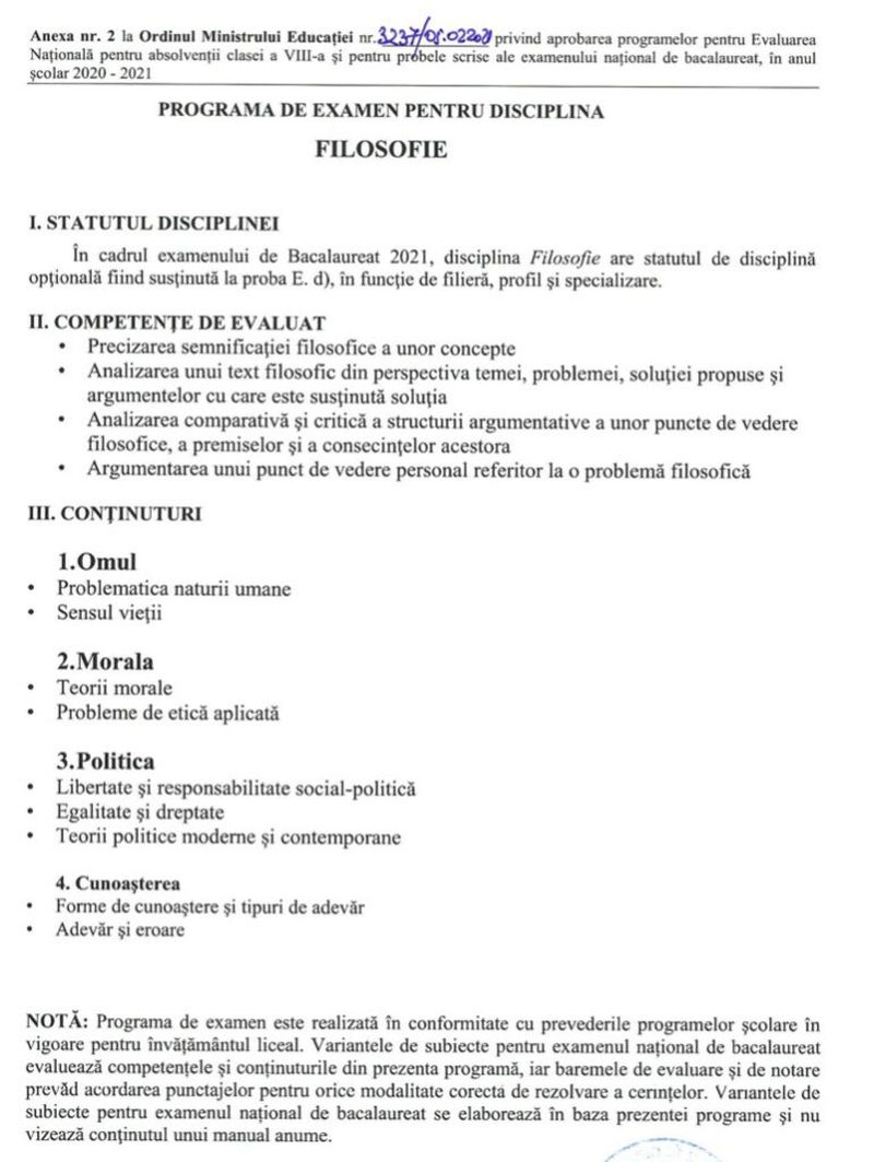 programa bacalaureat 2021 filosofie