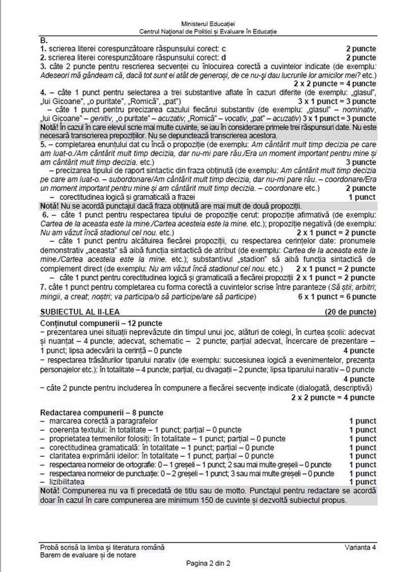 Barem Română Evaluarea Națională 2021 Edu.Ro. Cum vor fi corectate subiectele de la prima probă