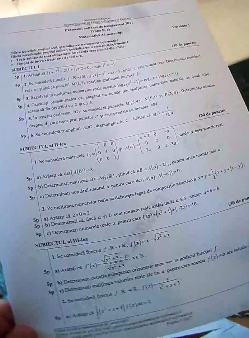 Subiecte Matematică BAC 2021