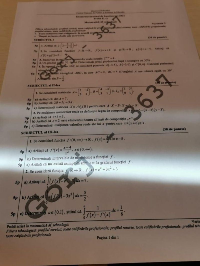 Subiecte Matematică BAC 2021