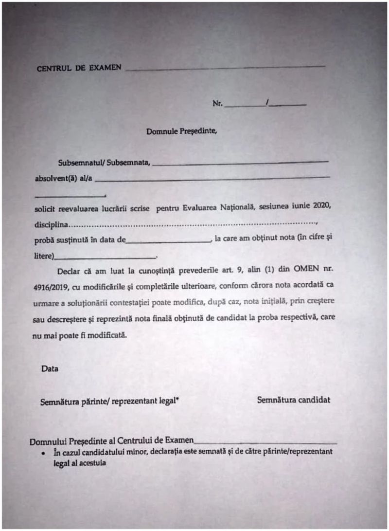 Model cerere contestaţie Evaluare Naţională 2021. Regulament contestaţii Evaluare Naţională 2021