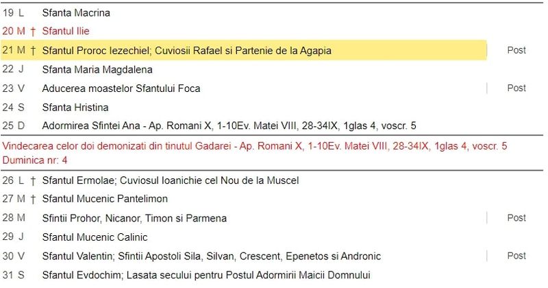 Calendar ortodox iulie 2021