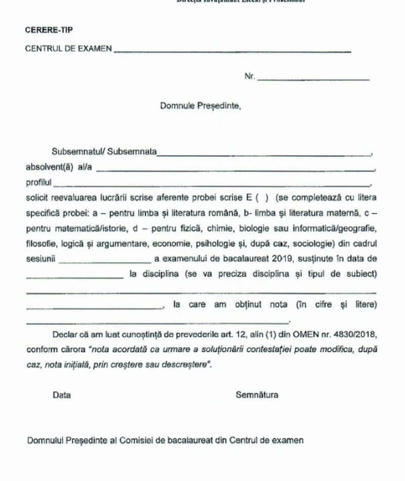 Model cerere contestatii BAC 2021