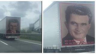 VIDEO|Un șofer rom&acirc;n a făcut senzație cu TIR-ul lui pe o autostradă din Italia. El are numere de Suceava și chipul lui Nicolae Ceaușeșcu pe prelată