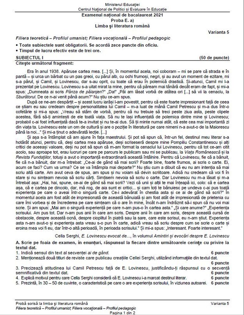 Subiecte Română BAC 2021 sesiunea august - septembrie. Surpriză de proporții pentru elevi. Bareme de corectare