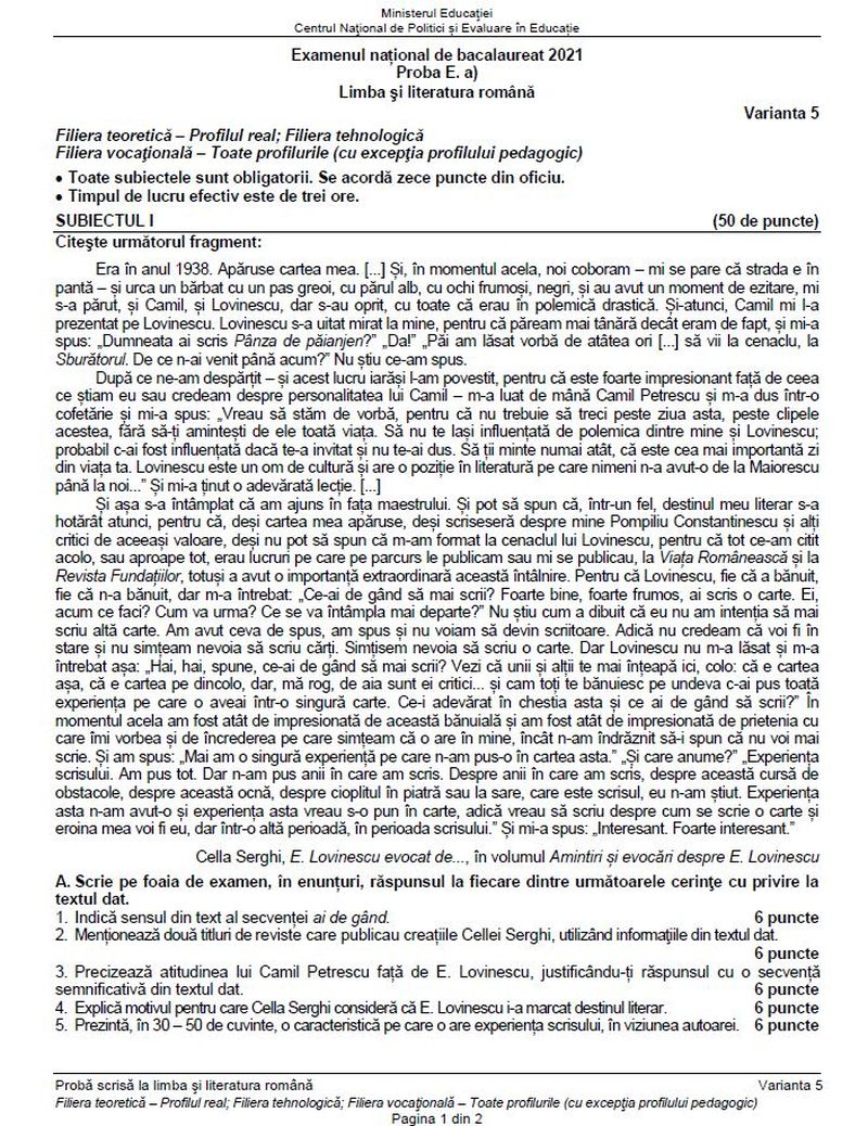 Subiecte Română BAC 2021 sesiunea august - septembrie. Surpriză de proporții pentru elevi. Bareme de corectare