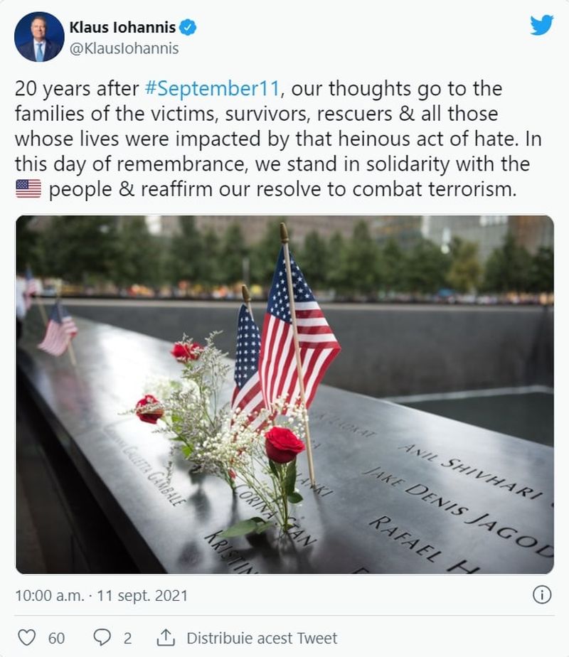 Ce mesaj a transmis Klaus Iohannis la comemorarea a 20 de ani de la atentatele teroriste din 11 septembrie 2001?