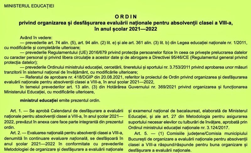 Calendar Evaluare Naţională 2022