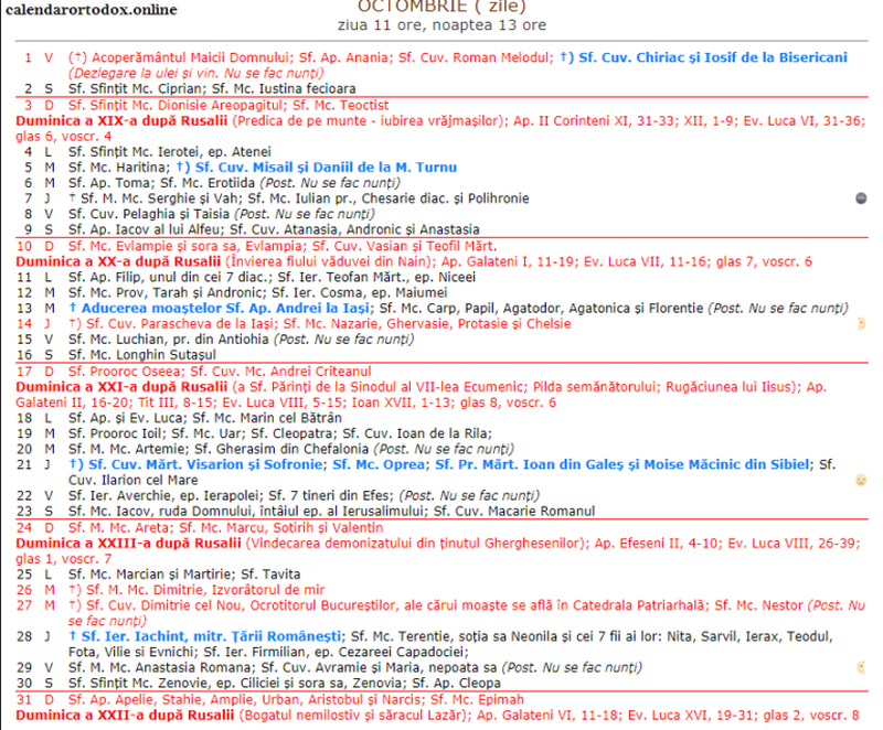 Calendar ortodox octombrie 2021 - sărbători