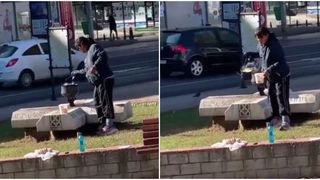 Monumentul din faţa Universităţii de Medicină din Iași, folosit pe post de aragaz. O femeie a pregătit mâncarea la flacăra veșnică