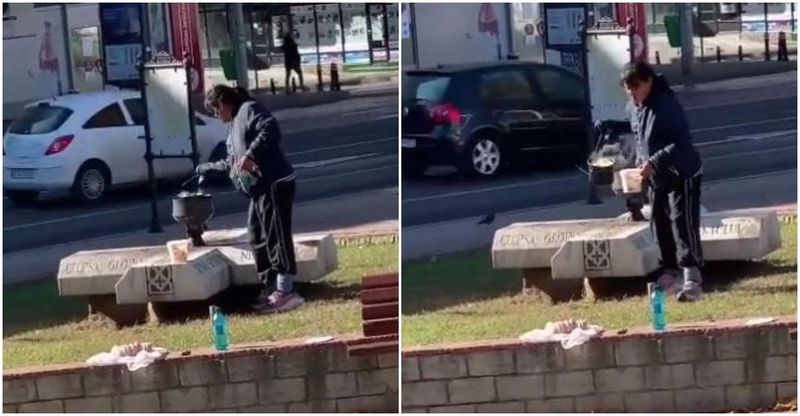 Monumentul din faţa Universităţii de Medicină din Iași, folosit pe post de aragaz. O femeie a pregătit mâncarea la flacăra veșnică