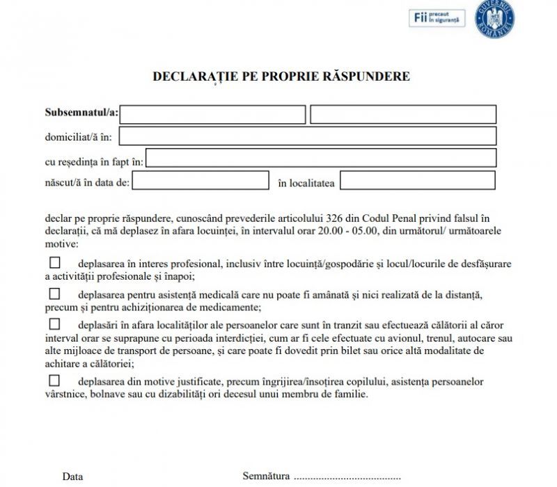 Declaraţie pe proprie răspundere noiembrie 2021 model format PDF