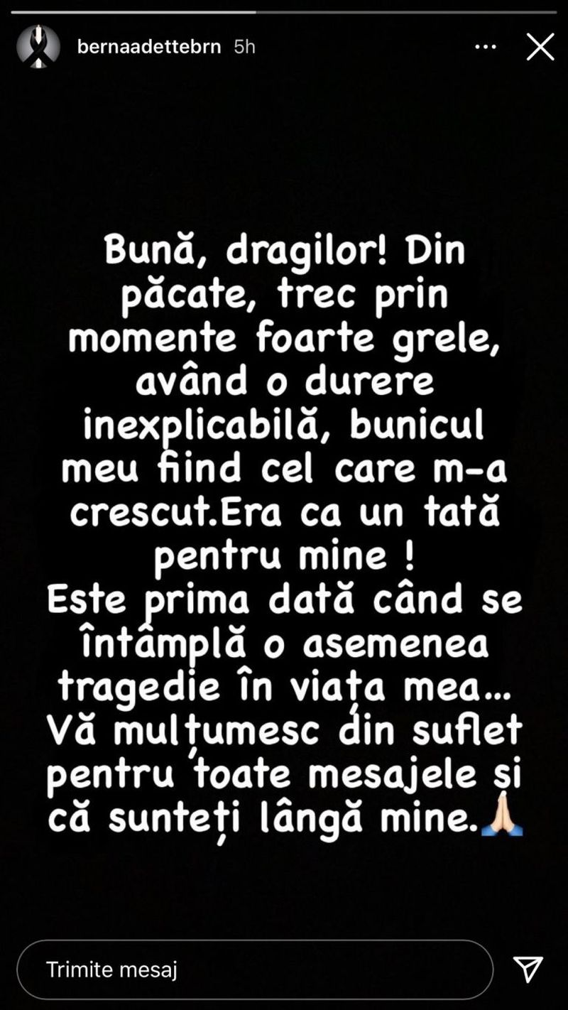 Berna de la Puterea Dragostei este în doliu. Trece prin momente cumplite după ce și-a pierdut bunicul: ,,Era ca un tată pentru mine”