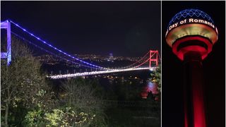 Două simboluri din Ankara și Istanbul, iluminate în culorile drapelului românesc de 1 Decembrie