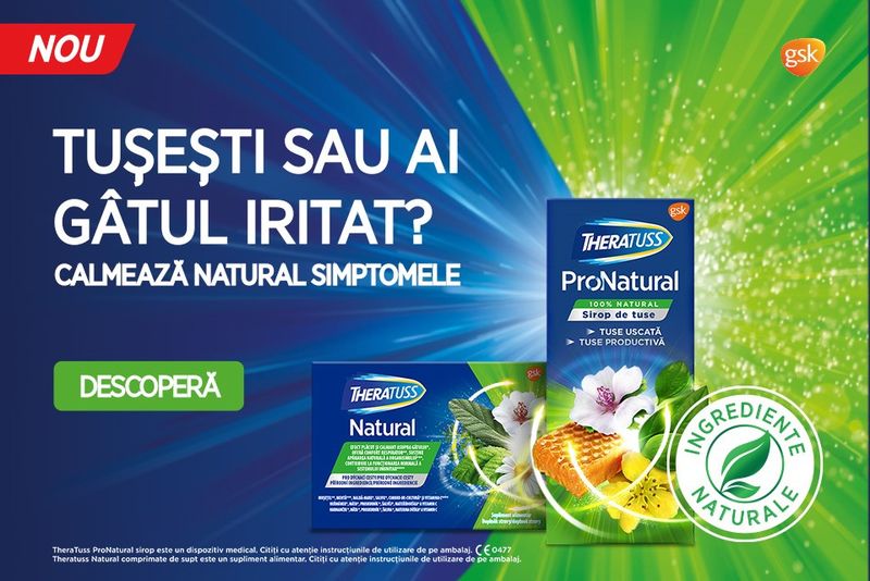 Siropul de tuse TheraTuss ProNatural calmează tusea uscată şi productivă