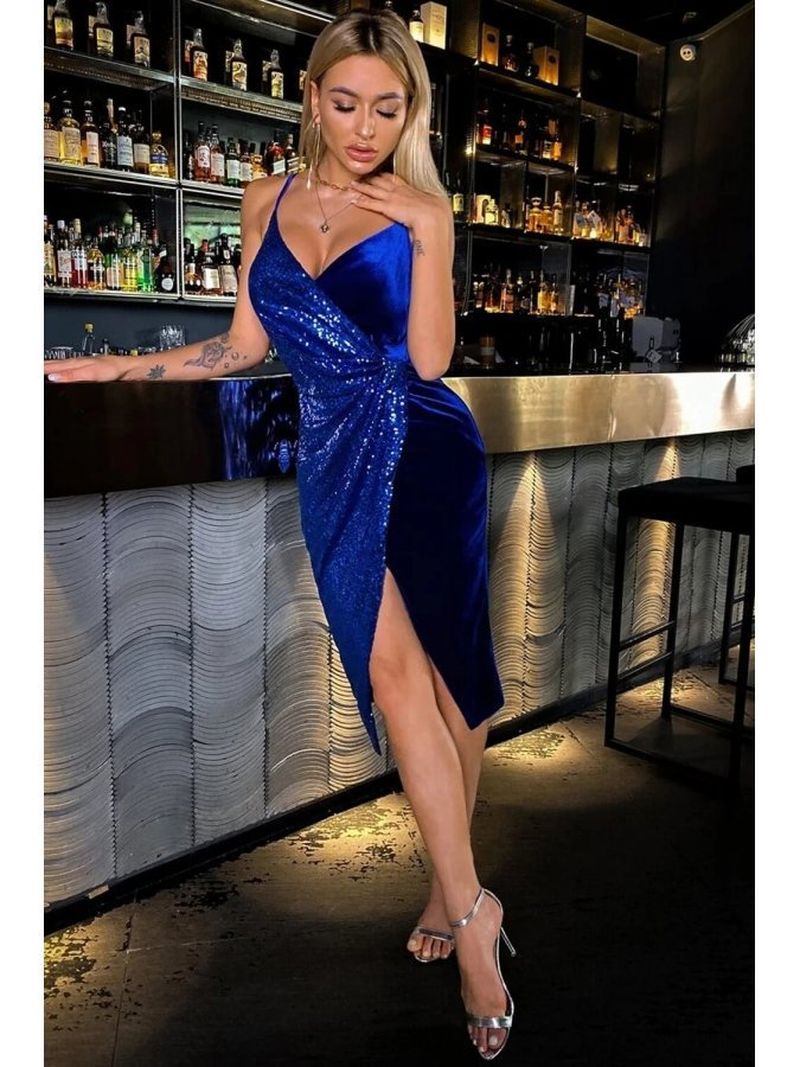 Rochie de seară cu paiete și catifea albastră Precious