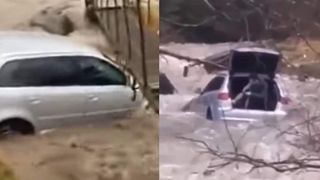VIDEO|Un autoturism a fost luat de ape, după ce șoferul a încercat să traverseze râul învolburat