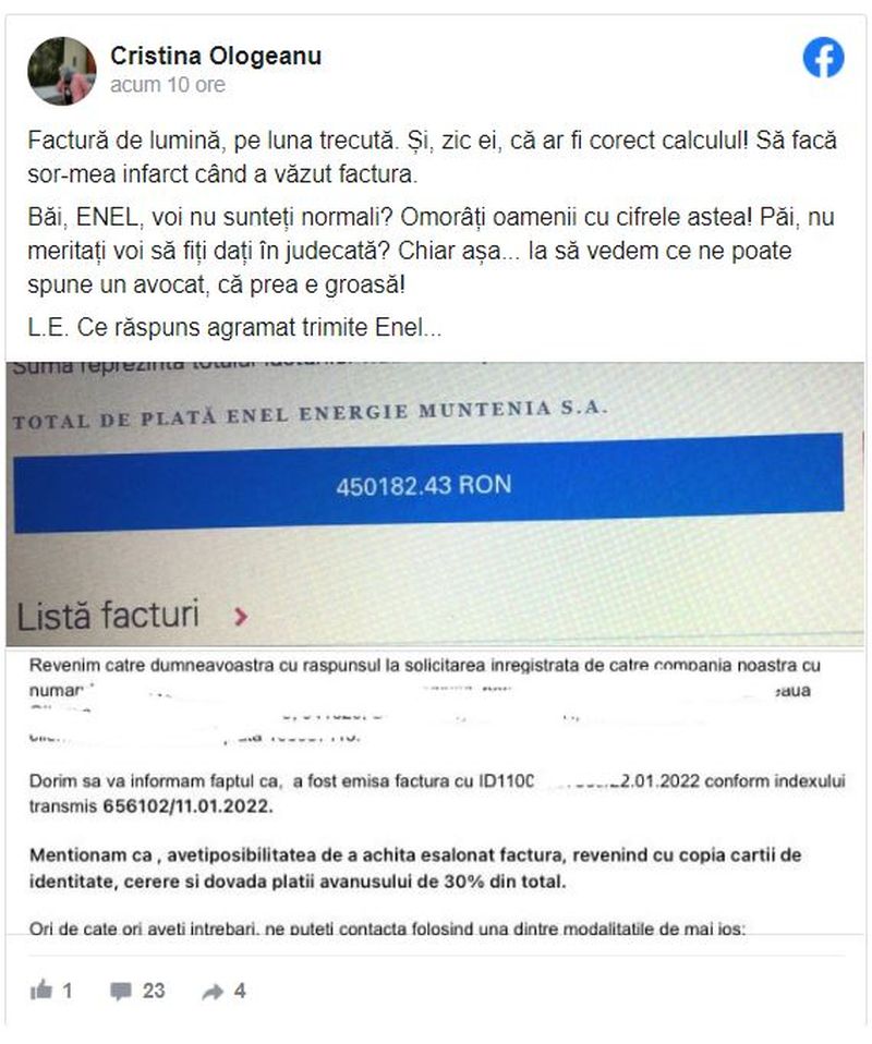 Factura incredibilă la electricitate pe care a primit-o un client din Capitală: ,,Băi, voi nu sunteți normali? Omorâți oamenii cu cifrele astea!"