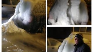 Maşina unui şofer din Sibiu s-a transformat într-un cub de gheaţă, după ce o conductă s-a spart - FOTO