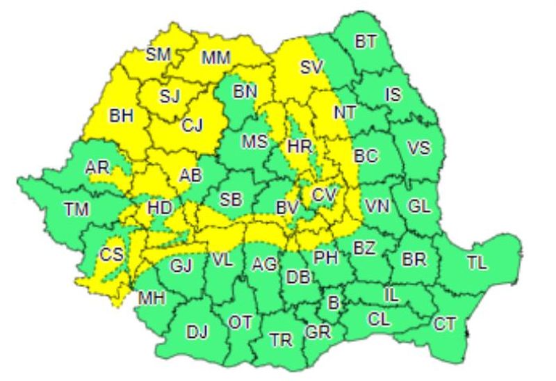 Cod galben de vânt puternic, până vineri dimineaţă, în 27 de judeţe