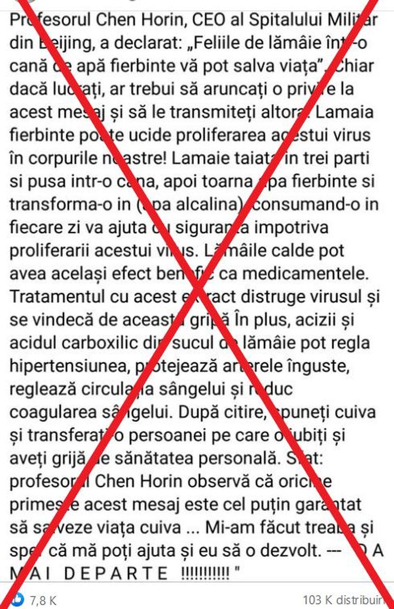 Avertisment privind dezinformarea cu zeci de mii de distribuiri de paginile de socializare: „Apa cu lămâie protejează împotriva COVID-19″