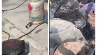 VIDEO | Imagini virale! Dorel ne lasă din nou cu gura căscată: muncitorii astupă o groapă cu bitum scos din saci de gunoaie și îl încălzesc cu un arzător legat la butelie