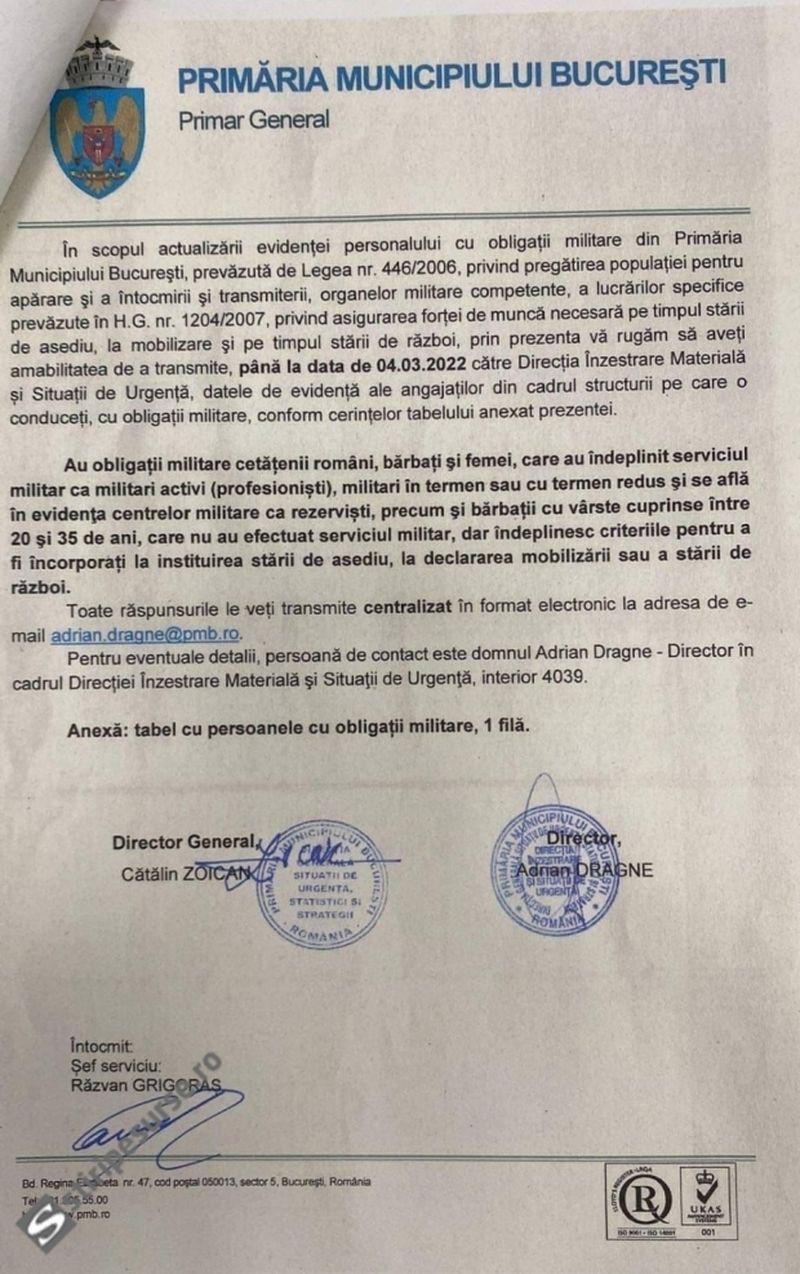 Primăria Capitalei face lista cu oamenii mobilizați în caz de război. Vizați sunt toți bărbații între 20 și 35 de ani