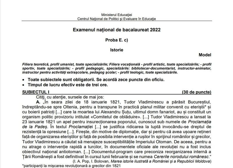 Subiecte simulare Istorie 2022 - Bacalaureat